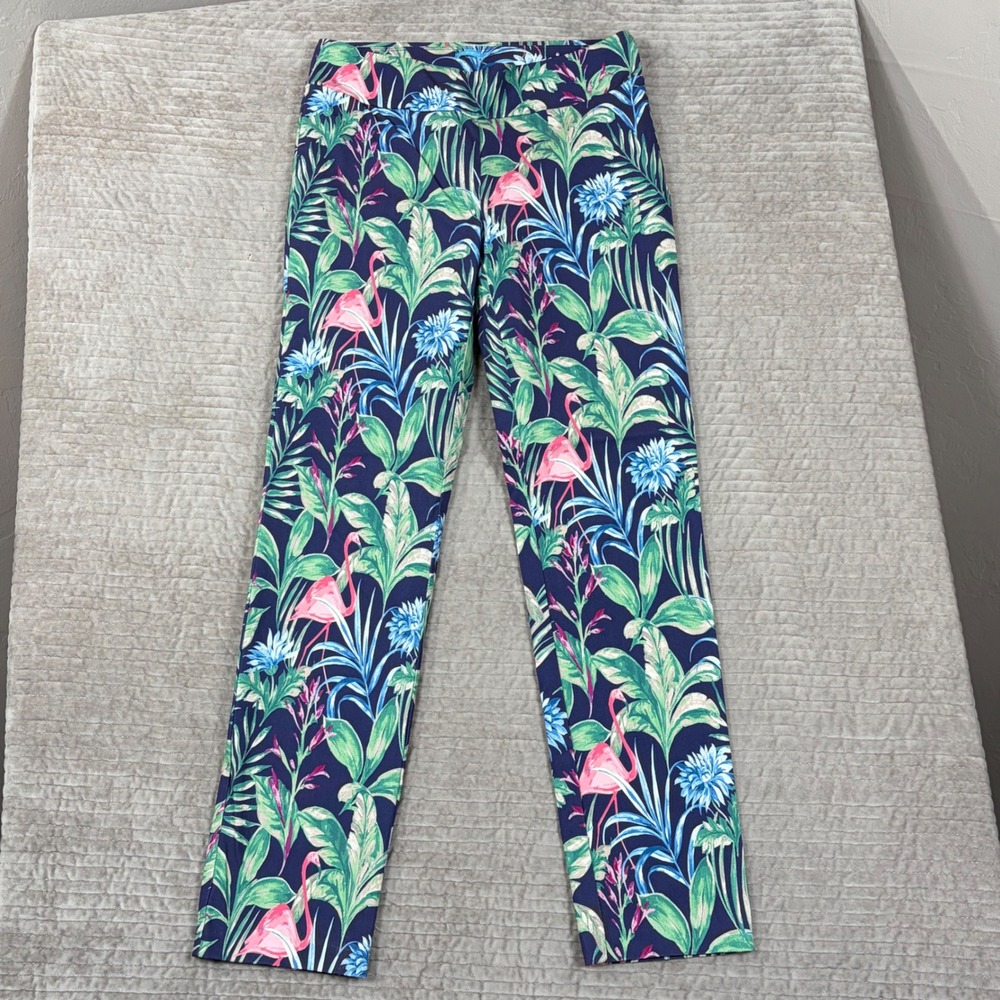 J.McLaughlin Masie Pants Navy Pink Flamingo Tropical Print Leggings Size 8